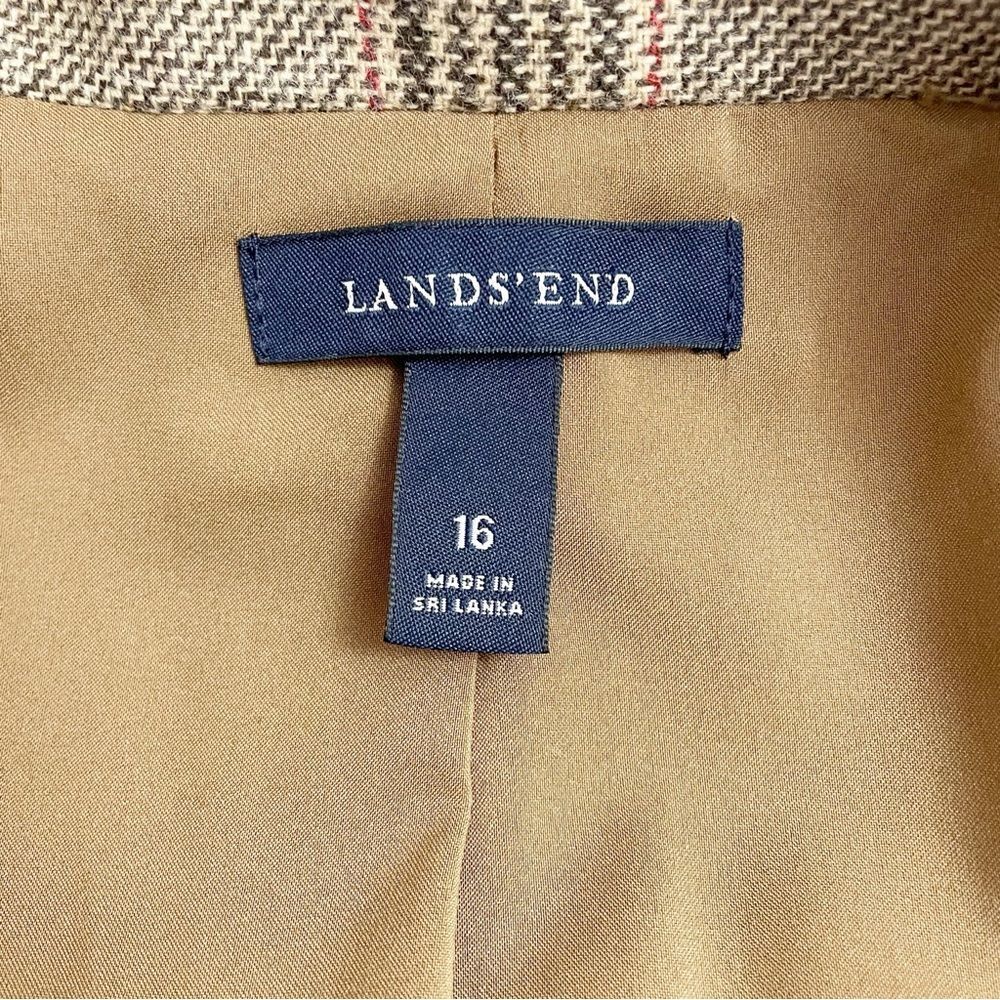 Lands End Glen Plaid Single Button Blazer Tan & Brown Leather Buttons Size 16 - Picture 12 of 15
